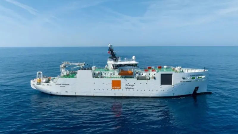 The image shows a render of the newbuild Orange Marine cable repair vessels