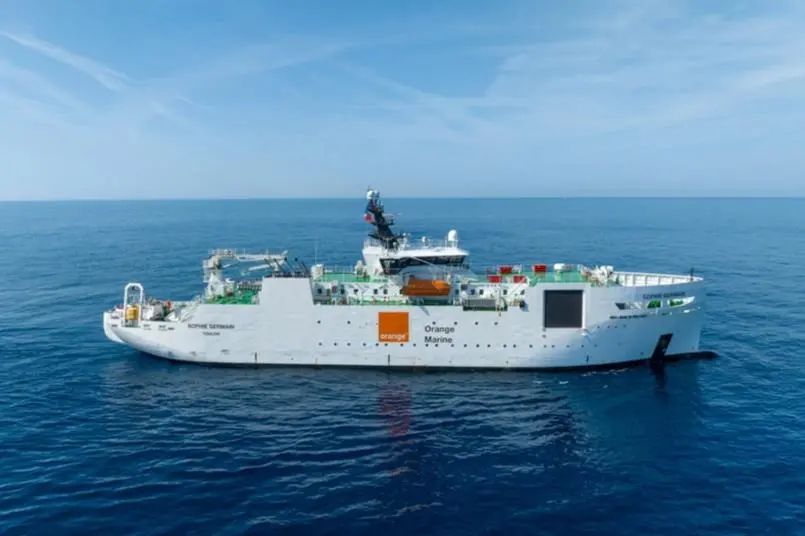 The image shows a render of the newbuild Orange Marine cable repair vessels