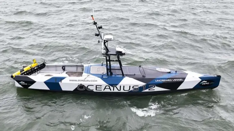 The ZeroUSV Oceanus12 USV on the water