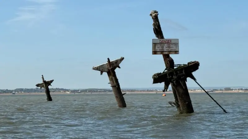 The wreck's masts are clearly visible less than two miles off the Kent coast (MCA)