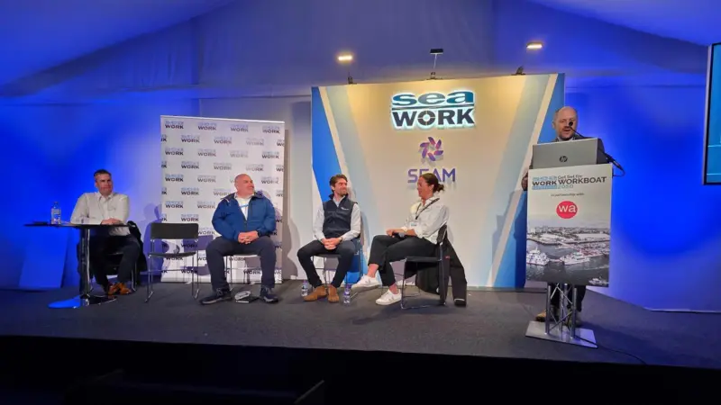 The panel for the opening conference session of Seawork 2026 as part of the “Get set for workboat 2050” series: