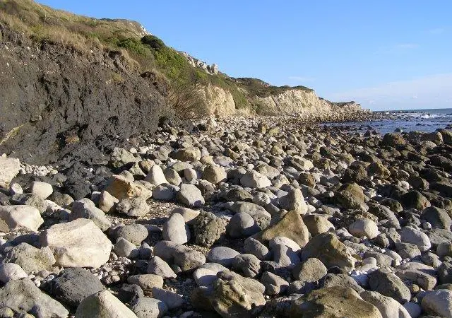 rocky beach exposed at low tide at Ringstead Bay