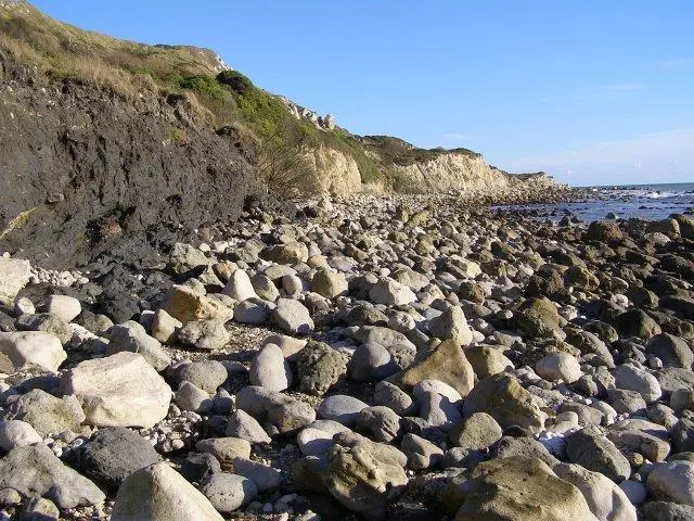 rocky beach exposed at low tide at Ringstead Bay