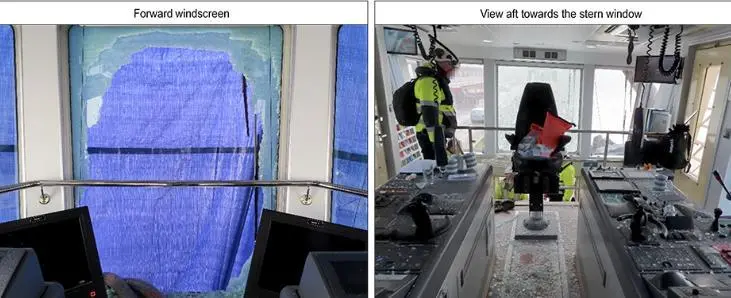 Both forward and aft wheelhouse windows were shattered (MAIB)