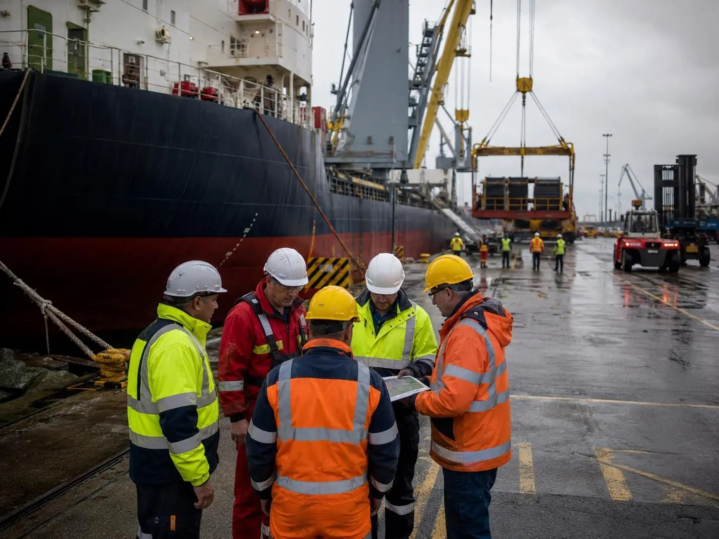 Busy harbour workers planning in the rain