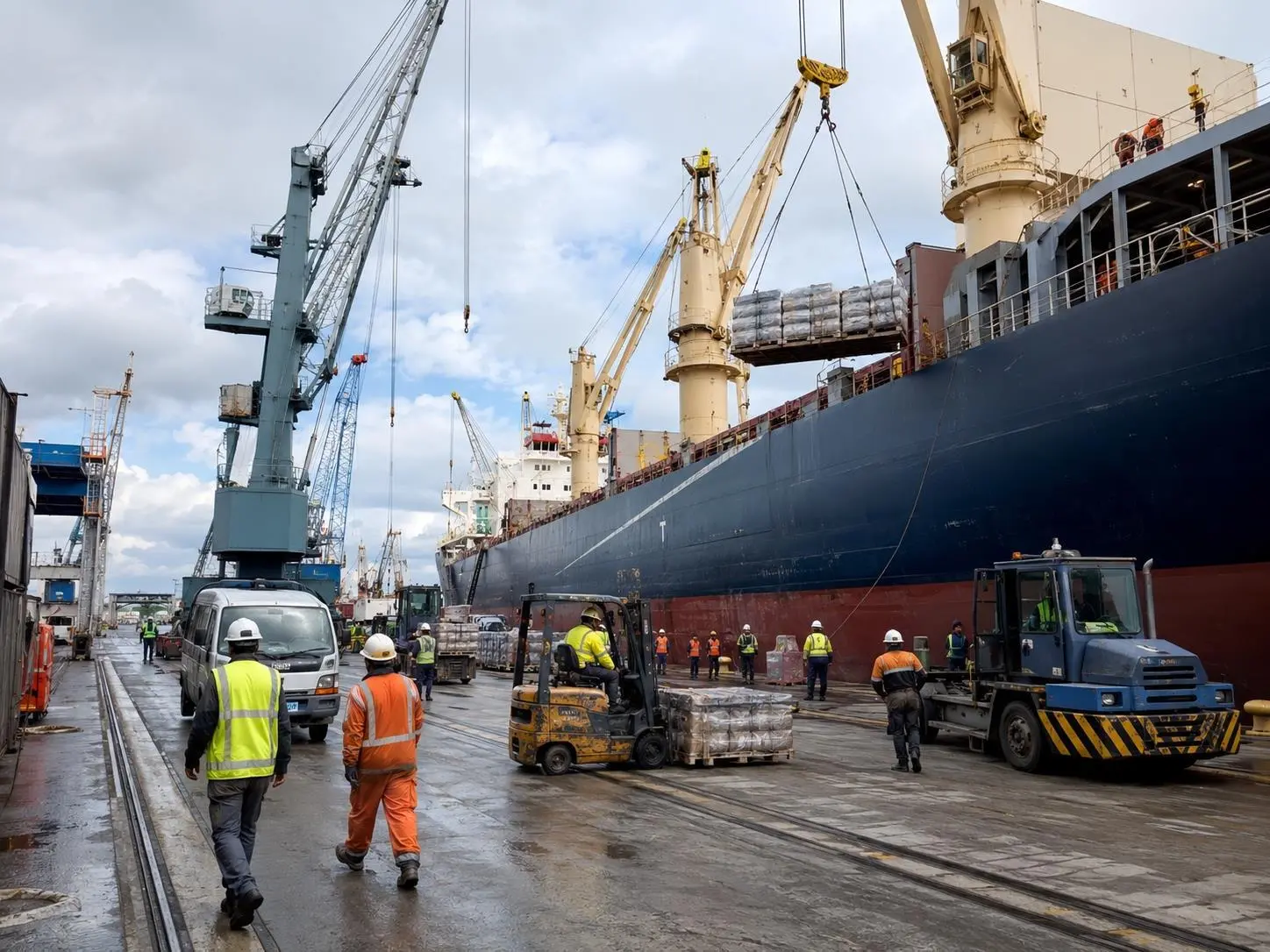 Busy industrial shipping port in operation