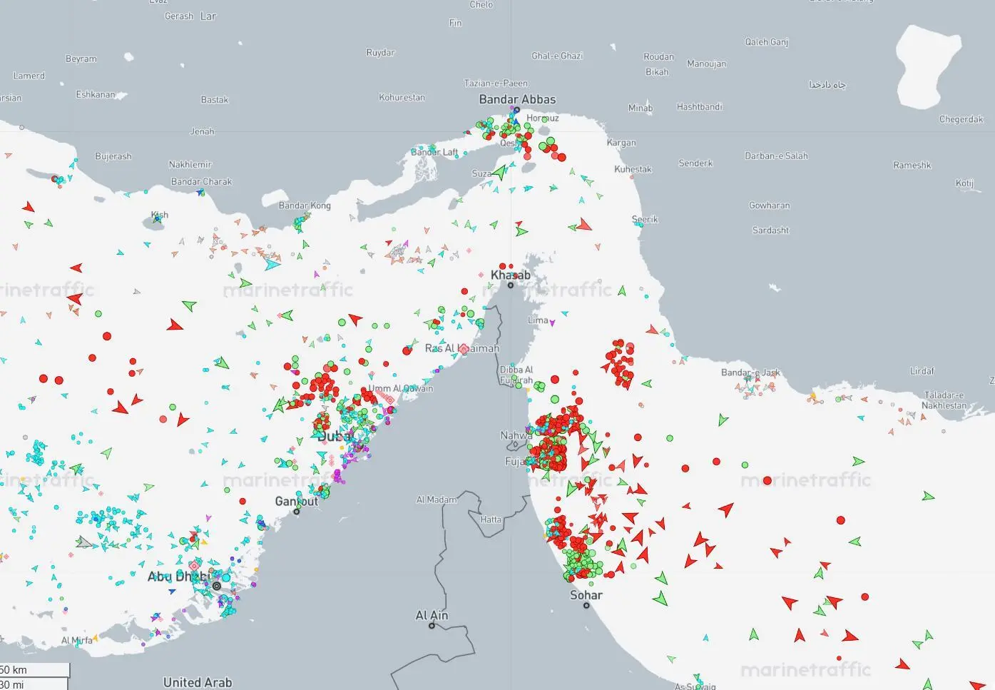 Ship movements in the Strait of Hormuz have greatly reduced since the conflict commenced (MarineTraffic)