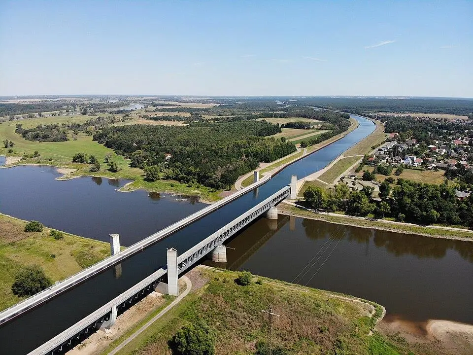 The Magdeburg Water Bridge Kanalbrücke Magdeburg is a large navigable aqueduct in central Germany, located near Magdeburg