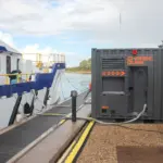 fellten charge qube battery energy storage system next to a crew transfer vessel dockside